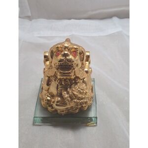 VTG Goldtone Pixiu Red Agate Eye 5in Glass Base Prosperous Wealth See Pics